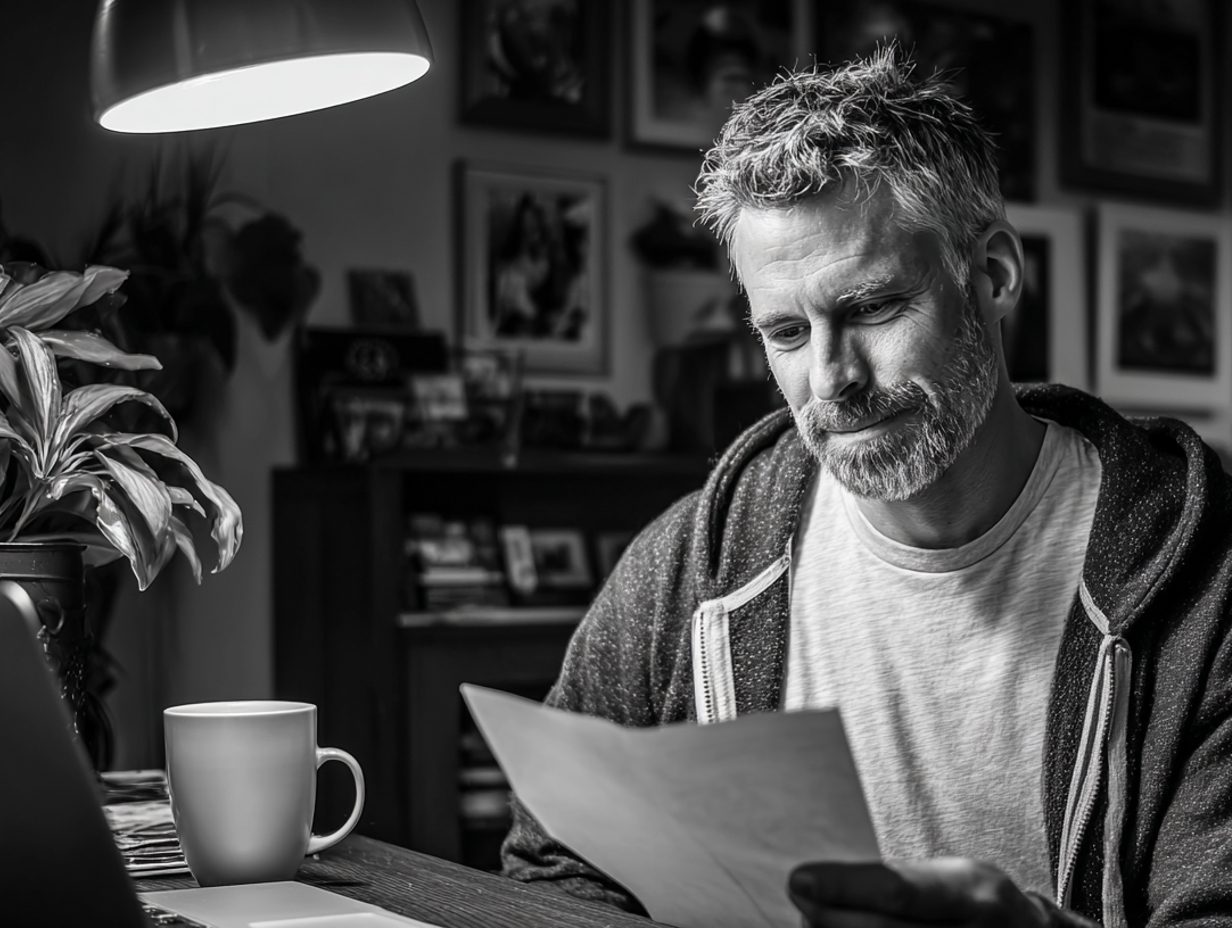 Man at his desk at night, reading an old investment document with a look of quiet relief.